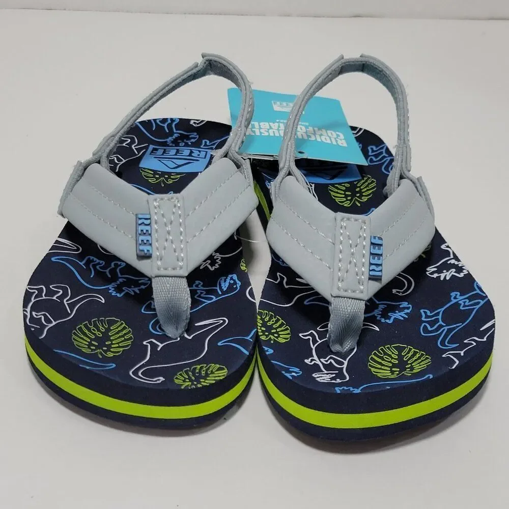 Reef Flip Flop Sandals‎ Toddler Boy Size 8 Ahi Dino Dinosaur Gray Blue Backstrap